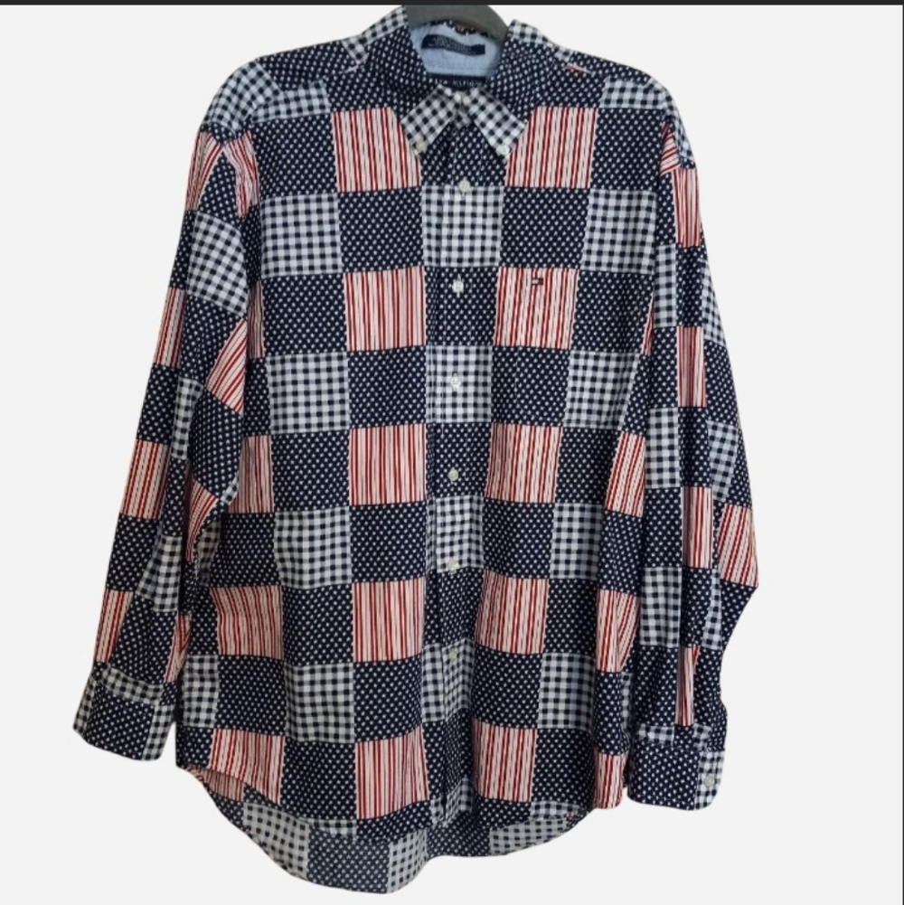 Vintage Tommy Hilfiger American Flag Colors Patchwork Print Button Down Shirt
